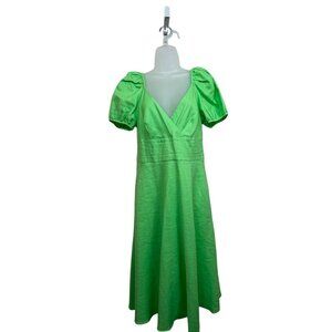 J. Crew Green Puff-Sleeve V-Neck Midi Dress in Stretch Linen Size 8
